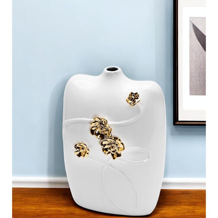 Hivvago 14 Inch White Floral Ceramic Table Vase With Sculptural Details