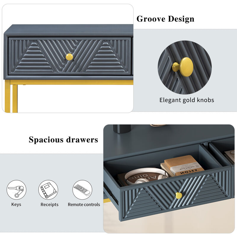 Whisen Modern Stripe Design Console Table with Two Drawers and Metal Legs - Black