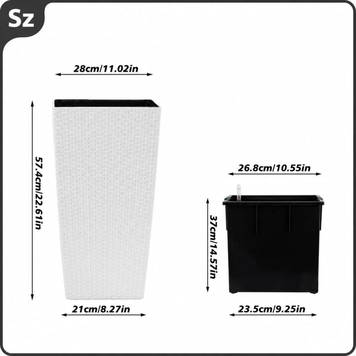 WOW PIONEER Modern Faux Rattan Large Square Indoor/Outdoor Planters with Auto Watering System for Home Garden Patio Yard (2 Pack)