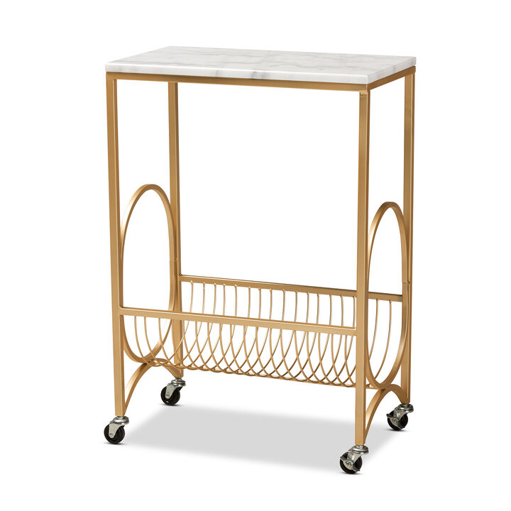 Baxton Studio Jacek Modern Gold Finished Metal Wine Cart with Marble Tabletop