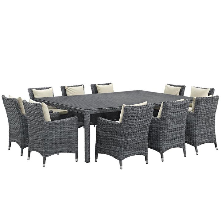Modway Summon Wicker Rattan Aluminum Outdoor Patio 11-Piece 91" Dining Table and Dining Armchairs with Sunbrella&reg; Fabric Cushions in Canvas Gray