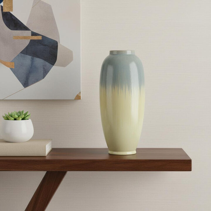 HomeRoots 16" Blue And Cream Reactive Glaze Ceramic Cylinder Table Vase