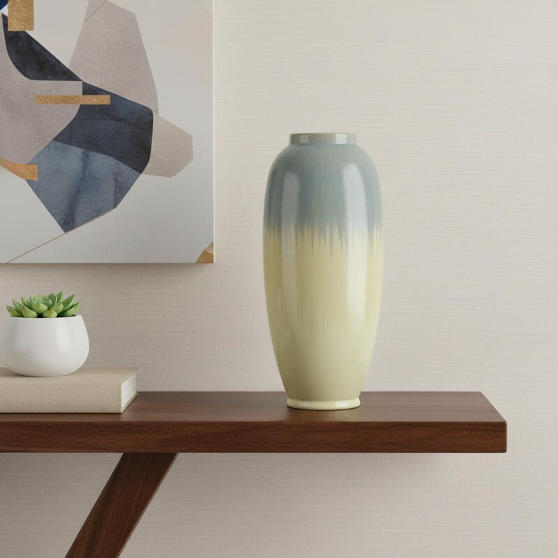 HomeRoots 16" Blue And Cream Reactive Glaze Ceramic Cylinder Table Vase image number 1
