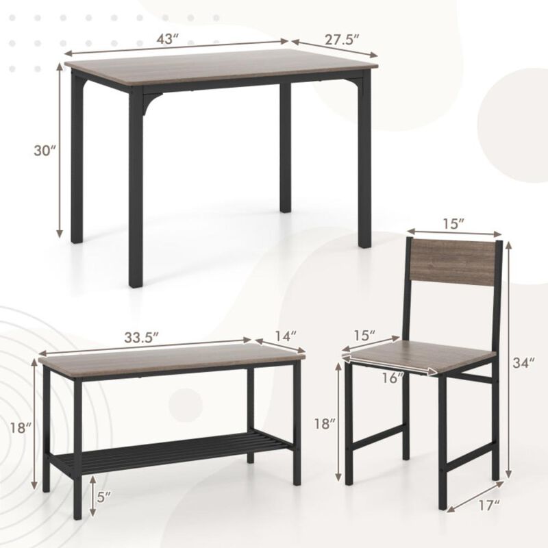 Hivvago 4 Pieces Rustic Dining Table Set with 2 Chairs and Bench