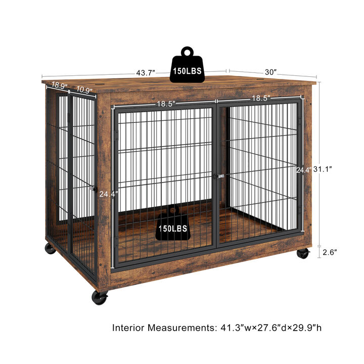 Furniture Style Dog Crate Side Table on Wheels with Double Doors and Lift Top. Rustic Brown, 43.7" W x 30" D x 31.1" H