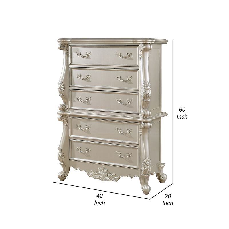 Bowe Tall Dresser Chest, 5 Drawer, Scrolled Champagne Gold Wood Finish - Benzara