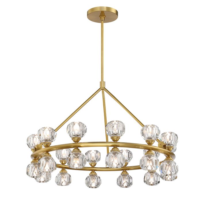 28" 24-Light Led Modern Luxury Double Layer Cut Diamond Crystal Wagon Wheel Chandelier, Warm Gold Circular Ceiling Pendant Light For Living Room, Dining Room
