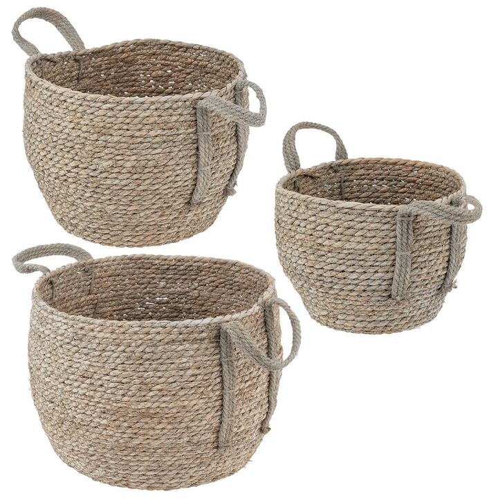 mDesign Round Seagrass Woven Storage Basket with Handles - Set of 3 - Black Wash