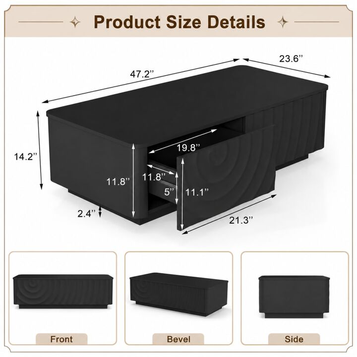 GOODSILO 47 Inch Rectangle Coffee Table with 2 Storage Drawers, Modern Classic Living Room Centerpiece Featuring Wave Texture and Floating Base Design
