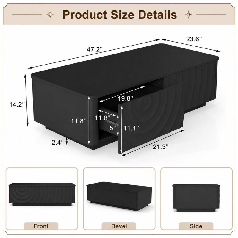 GOODSILO 47 Inch Rectangle Coffee Table with 2 Storage Drawers, Modern Classic Living Room Centerpiece Featuring Wave Texture and Floating Base Design image number 1