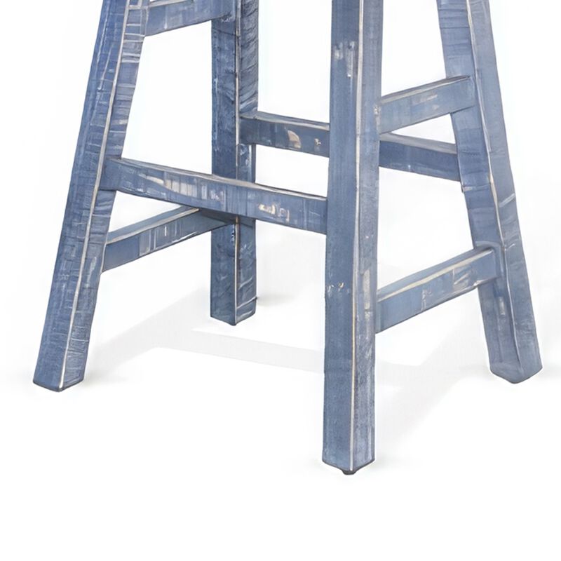 Rena Counter Stool Set of 2, Saddle Seat, Ocean Blue Mahogany Wood - Benzara