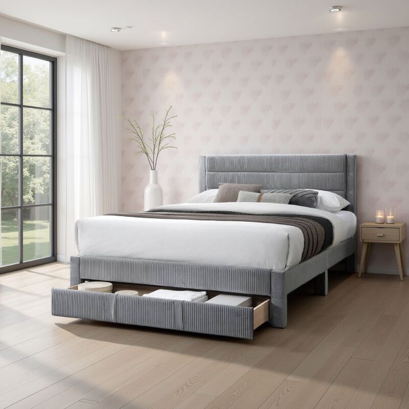 Heo Queen Size Bed w Storage Drawer, Light Gray Corduroy Upholstery - Benzara