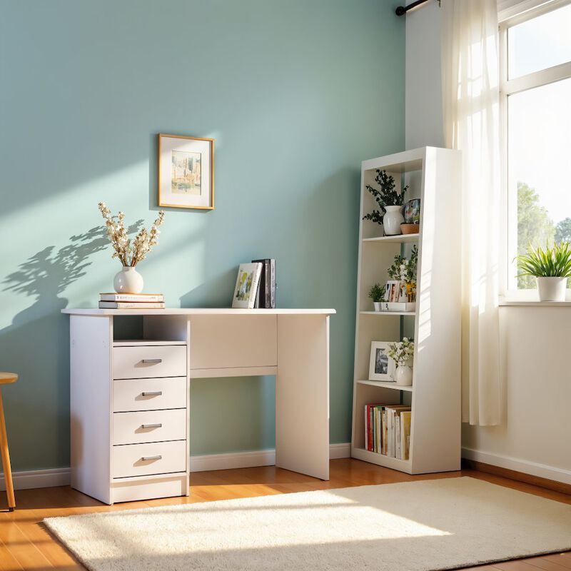 FurniFact White Desk with 4 Drawers - Modern Office Desk for Storage and Productivity