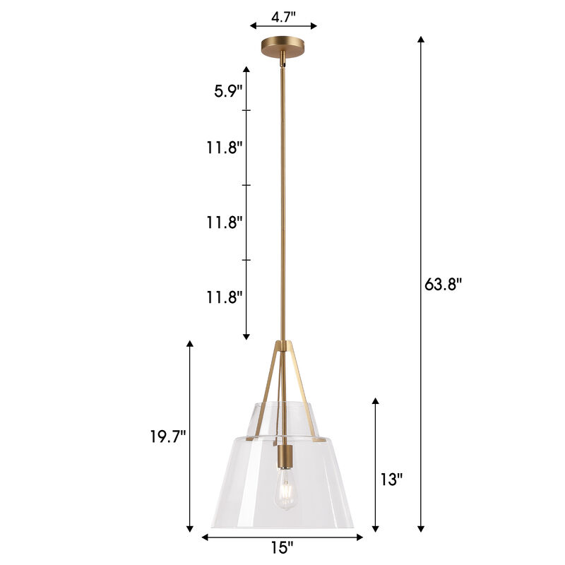15" Modern Clear Glass Pendant Light with Brushed Brass Finish and 90&deg; Adjustable Swivel Arm for Kitchen Island, Bedroom or Living Room image number 6