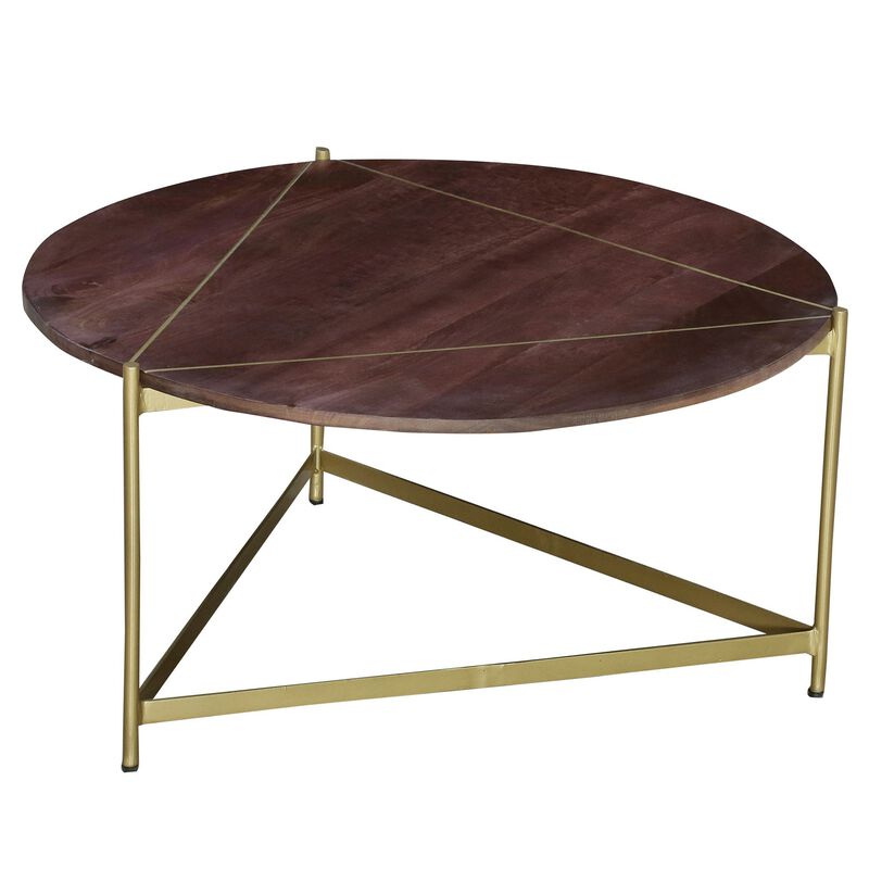 Ellis 32 Inch Round Wood Coffee Table with Brass Metal Base, Brown, Matte Gold-Benzara