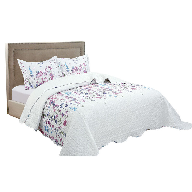 3 PCS Quilt Bedspread Coverlet White Floral Design Microfiber Full Size
