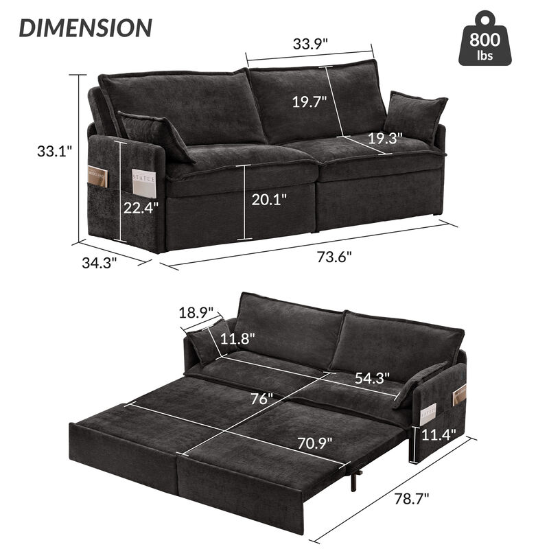Whisen 73.6" Pull Out Sofa Bed, Convertible Sleeper Sofa Couch with Side Storage and USB/C-TYPE Charging image number 9