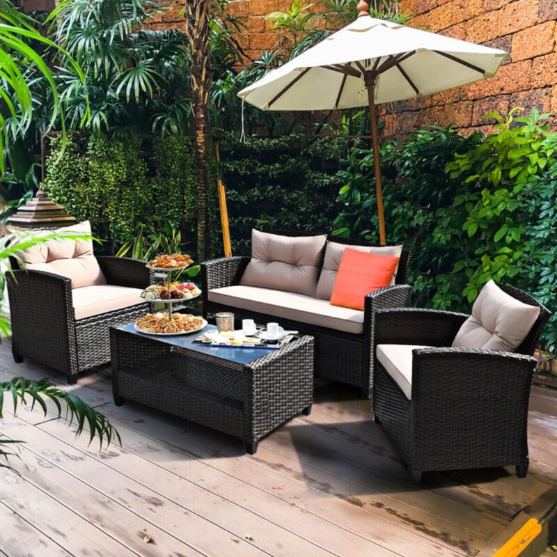 Hivvago 4 Pieces Patio Rattan Furniture Set with Tempered Glass Coffee Table