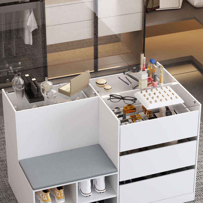 Armoire Bedroom Island Wardrobe Closet Island with 9 Drawers & Glass Tabletop, Island Dresser with Cushion Bench, Closet Island for Bedroom Cloakroom White (47.2&rdquo;W x 27.5&rdquo;W x 31.5&rdquo;H) image number 4