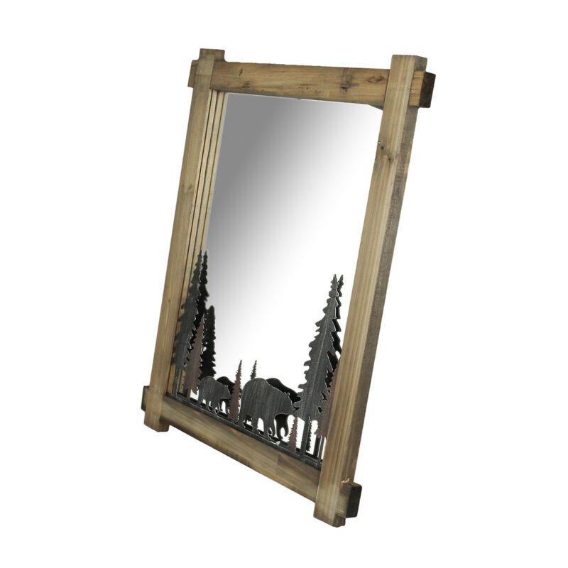 26 Inch Black Bears Wood And Metal Wall Mirror Decorative Forest Bathroom Decor image number 1