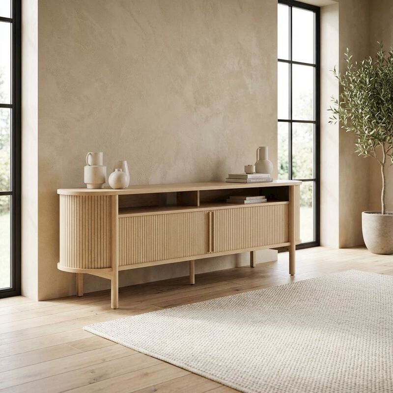 Curved TV Stand in Brown, Rubberwood Solids, Walnut Veneers, Stylish Storage image number 4