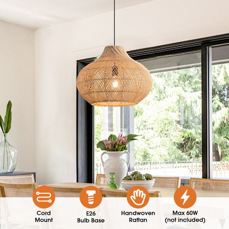 14" Farmhouse Natural Handwoven Rattan Caged Pendant Light for Living Room, Dining Room and Kitchen Island image number 9