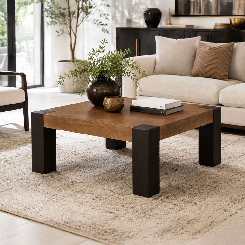 Kisa 44 Inch Square Coffee Table, Sandblasted Block Legs, Coffee Brown Mango Wood image number 6