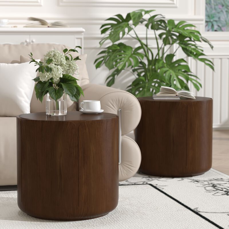19.29"H Round Outdoor Indoor Side Table Set, Modern Wood Grain Patio Garden Stool Set, Set of 2 image number 2
