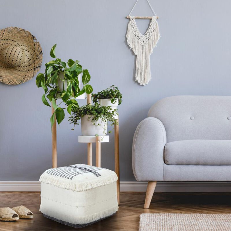 Hivvago 18 Inch White Cotton Striped Pouf Ottoman