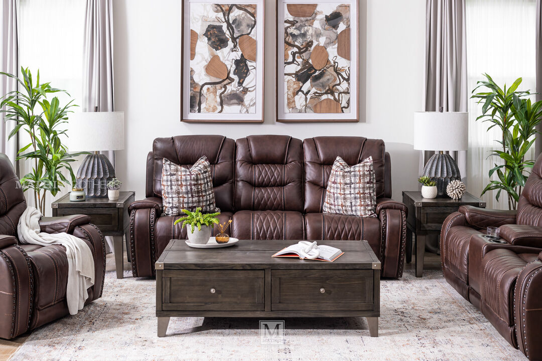 sofa with recliner, nailhead accented sofa, diamond patterned sofa in brown leather