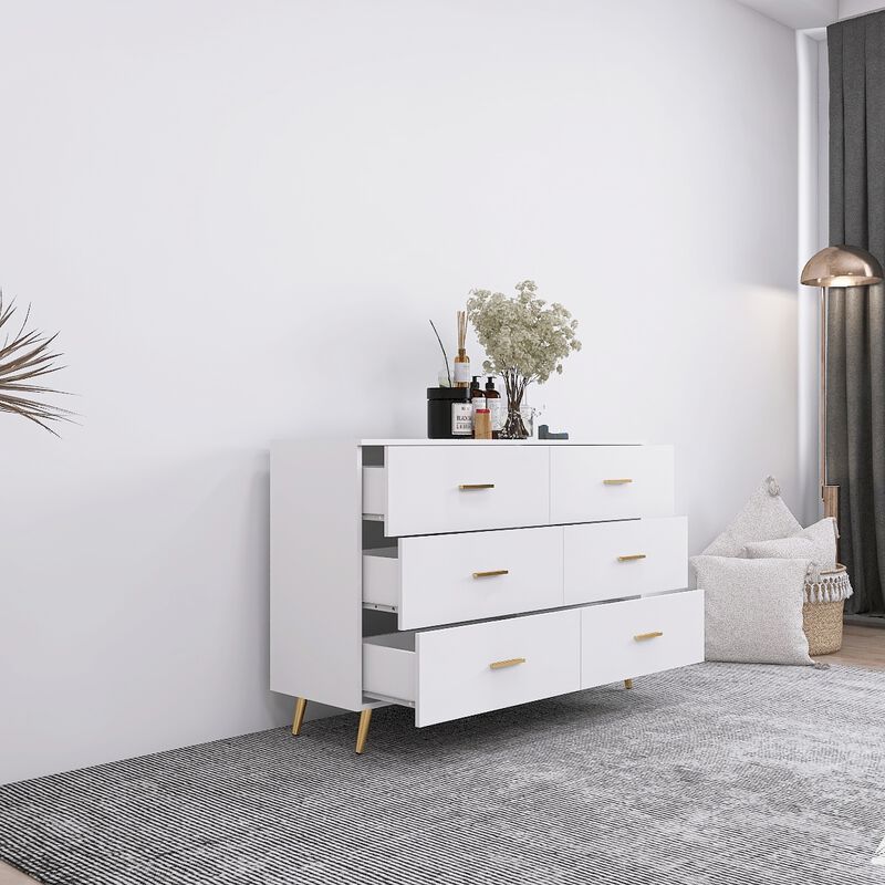 Streamdale White 6-Drawer Chest with Golden Accents