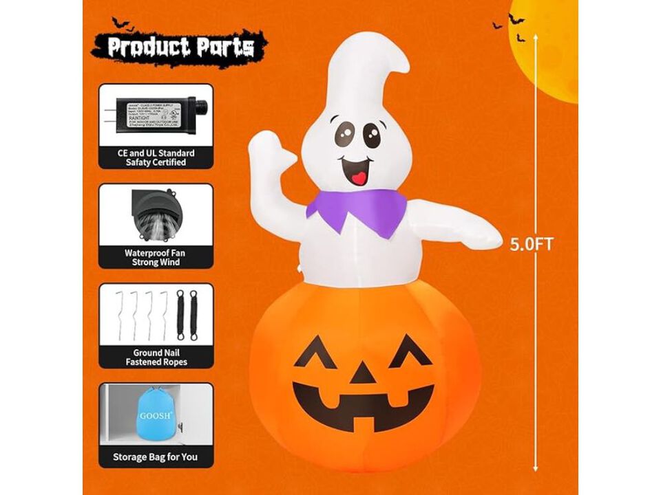 5FT Halloween Inflatable Pumpkin Ghost – LED Blow-Up Yard Decor for Indoor/Outdoor Party, Lawn & Garden Display