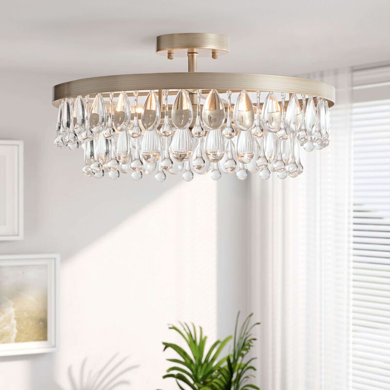 Eva 4-light Brushed Champagne Silver Crystal Teardrop Round Flush Mount image number 4