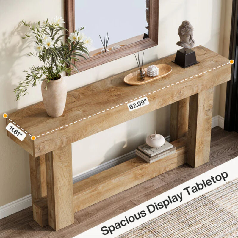 63 Inch Farmhouse Console Table, 2-Tier Entryway Table-Brown