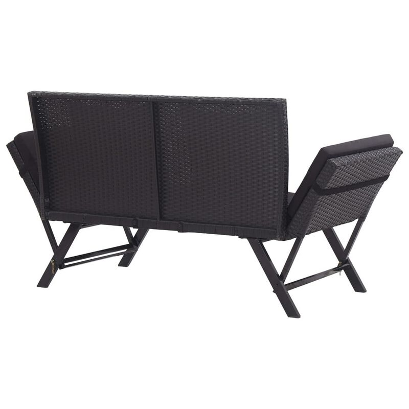 Outdoor Loveseat Bench, Black Fabric Cushions, Rattan, Steel, 51 Inch - Benzara