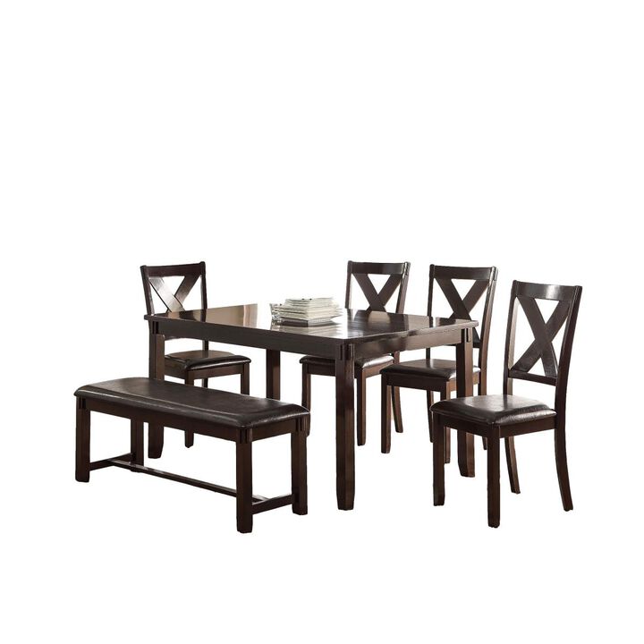 Dining Room Furniture Casual Modern 6pc Set Dining Table 4x Side Chairs and A Bench Rubberwood and Birch veneers Espresso Finish