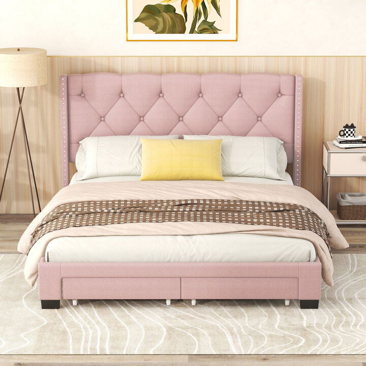 Queen Size Storage Bed Linen Upholstered Platform Bed with Two Drawers - Pink