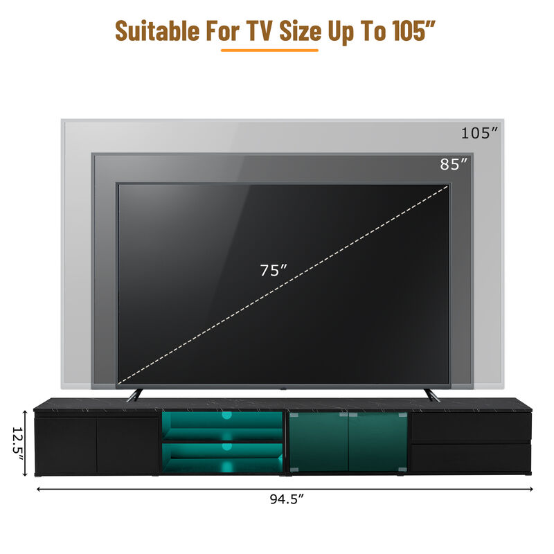 Clihome Modern APP Controlled LED TV Stand for TVs Up to 105'', Faux Marble Tabletop Media Console with Tempered Glass Doors, Entertainment Center with 2 Drawers & Cabinets for Living Room image number 7