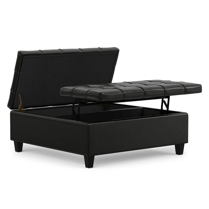 Harrison 40 inch Wide Transitional Square Large Coffee Table Storage Ottoman in Midnight Black Vegan Faux Leather, Assembled