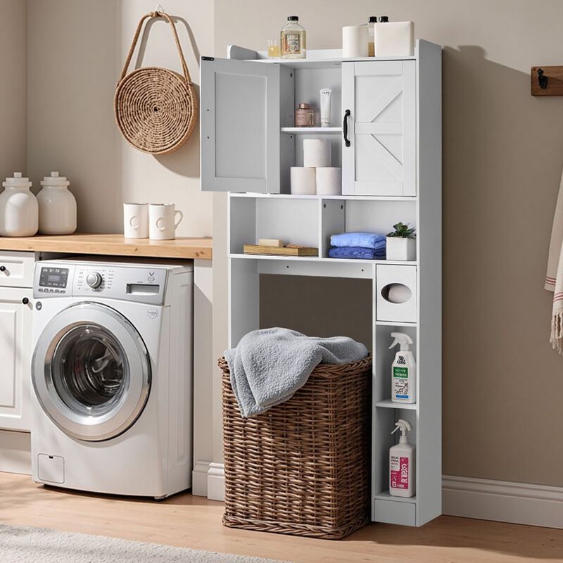 Bathroom Over Toilet Storage Organizer with Cabinet, Open Shelf and Adjustable Shelf-White image number 1