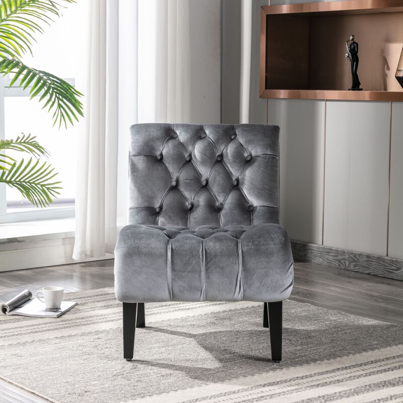 Modern Velvet Accent Chair, Armless Button Tufted Upholstered Barrel Chair with Wood Legs for Living Room, Bedroom, Office image number 2