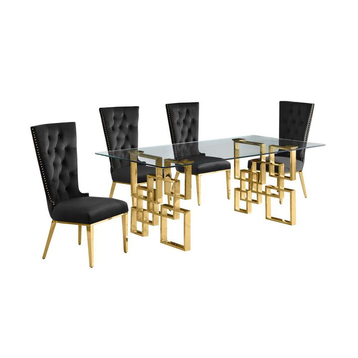 5-piece glam dining set with 4 black chairs and a 79" long glass  table