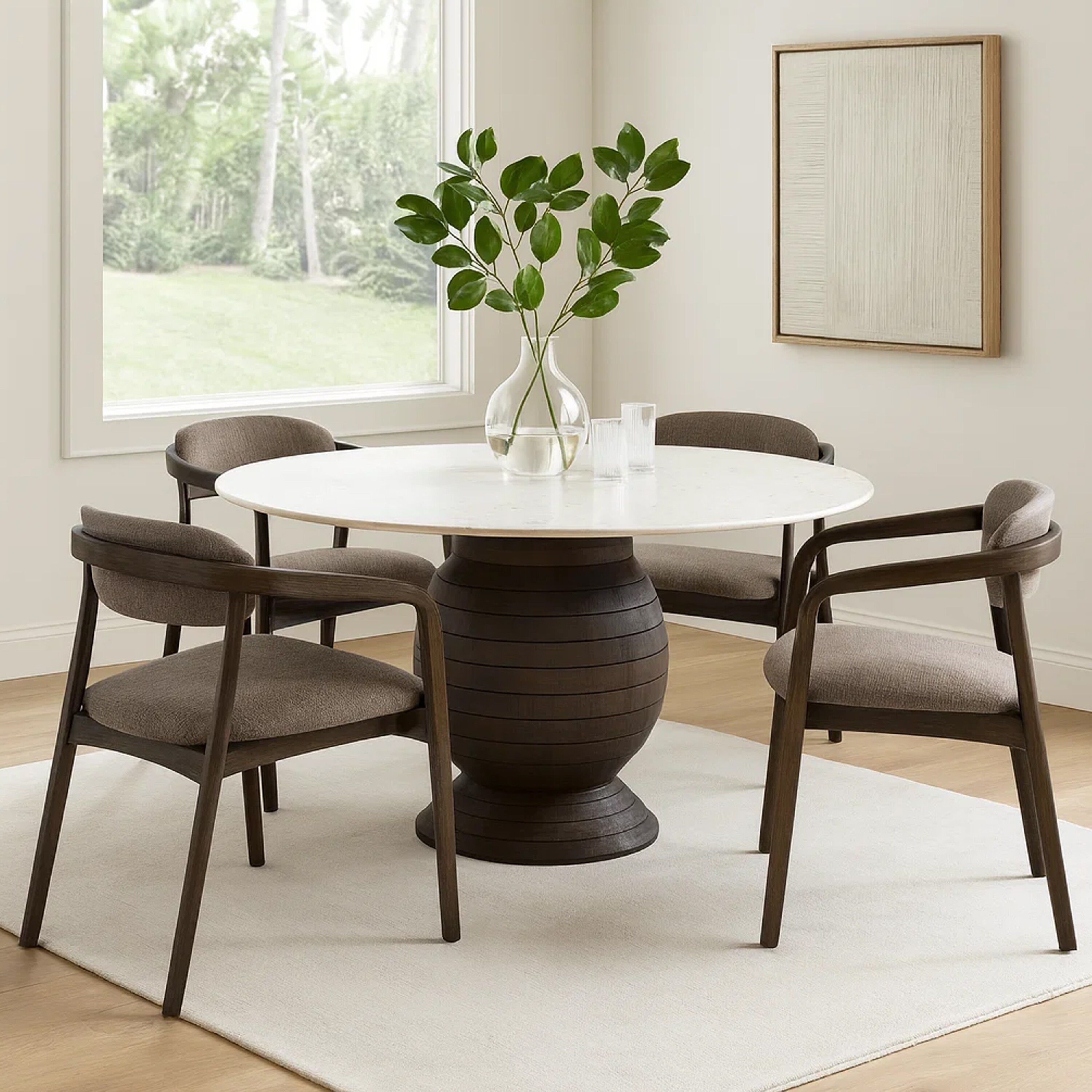 ダイニングテーブル Dining Table Hizy Dining Table, 60 Inch, Round White Marble Top, Acacia Wood Base