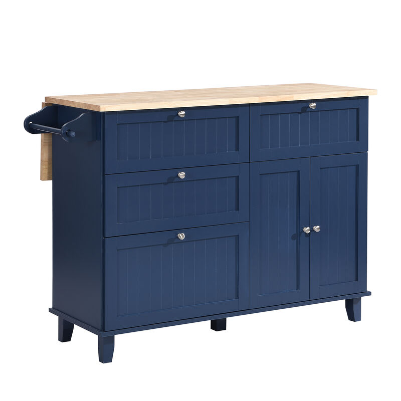 Farmhouse Kitchen Island Set with Drop Leaf and 2 Seatings,Dining Table Set with Storage Cabinet, Drawers and Towel Rack, Blue+Black+Brown