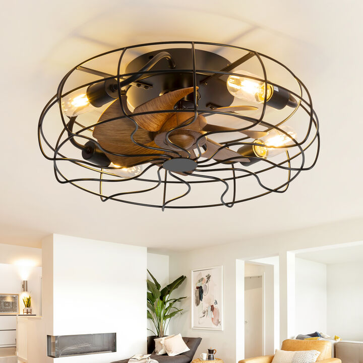Breezary 18.5" Industrial Caged Ceiling Fan with Light,4 E26 Bulbs Required,6 Speed Remote,Reversible,Timer,Quiet,7 Blades