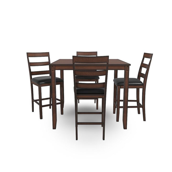 Covvi 5pc Counter Height Dining Table Set, Ladder Chairs, Brown Wood - Benzara