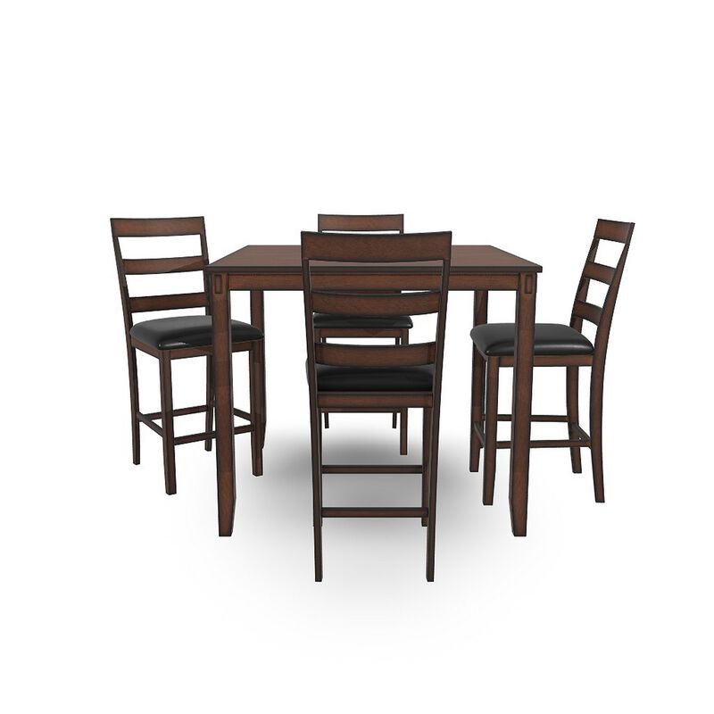 Covvi 5pc Counter Height Dining Table Set, Ladder Chairs, Brown Wood - Benzara