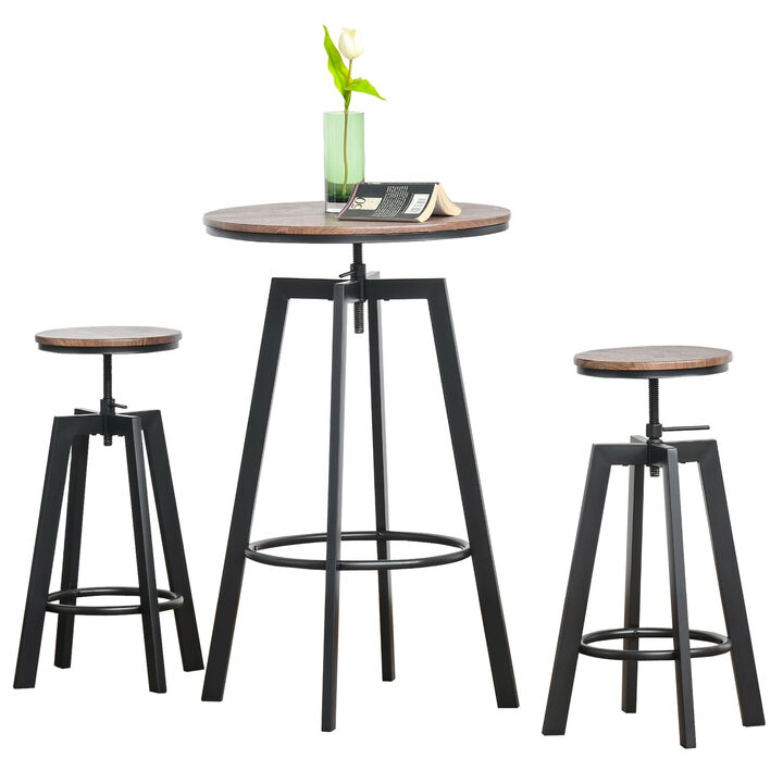 HOMCOM 3 Piece Industrial Adjustable Bar Table Set, Bar Height Bistro Table and Swivel Pub Stools for Small Space