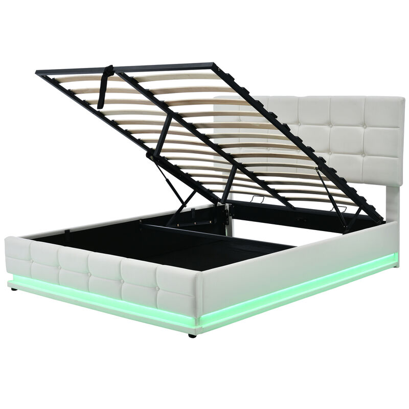 Tufted Upholstered Platform Bed with Hydraulic Storage System, Queen Size PU Storage Bed with LED Lights and USB charger, White