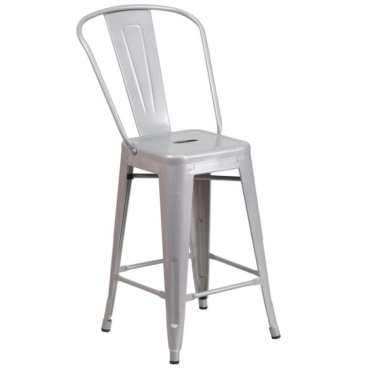 Flash Furniture Commercial Grade 24" High Silver Metal Indoor-Outdoor Counter Height Stool with Removable Back